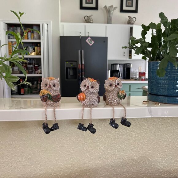 Set of 3 Thanksgiving Figurines, Resin Owl Shelf Sitters with Dangling Legs - Picture 1 of 8